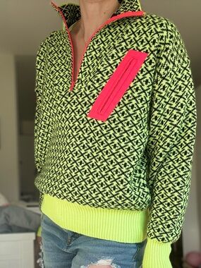 Obermeyer vintage ski Neon Lime and Hot Pink Half-Zip Turtleneck Sweater